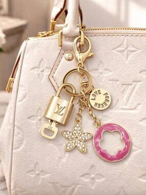 LV Gold Padlock Authentic 🔑 Luxury Bag Charm w/ Unbranded Flower Keychain